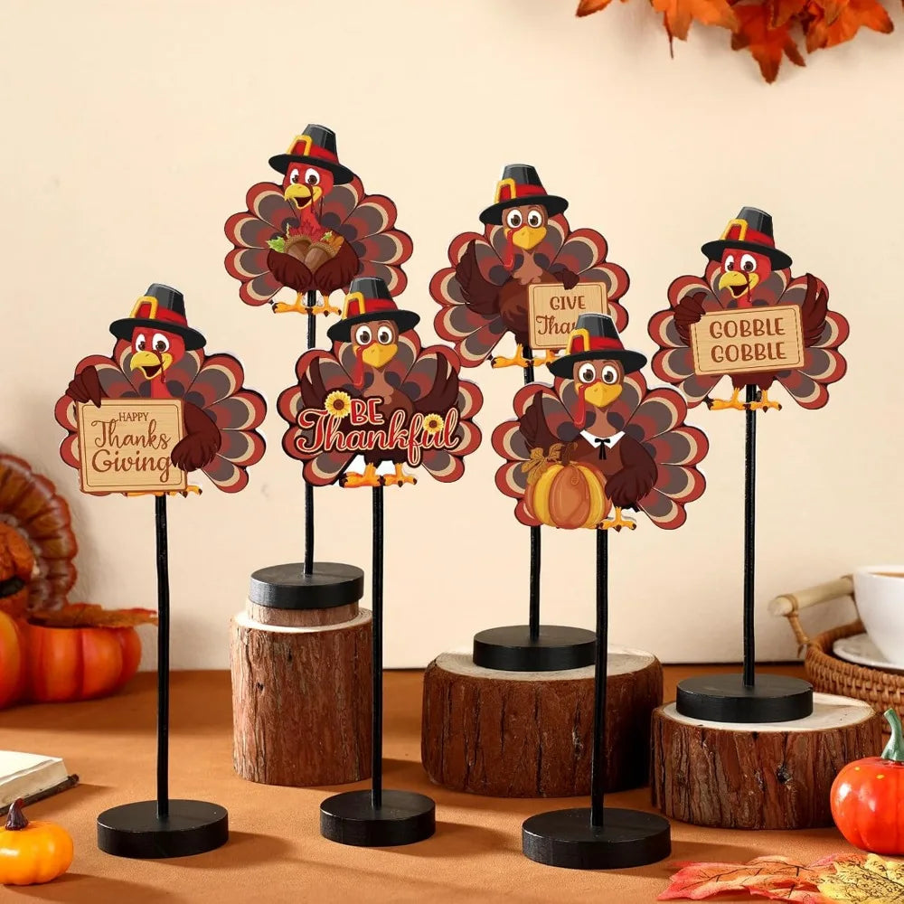 Set of 6 Rustic Turkey Thanksgiving Table Signs Tall Standing Wooden Farmhouse Centerpiece Decor