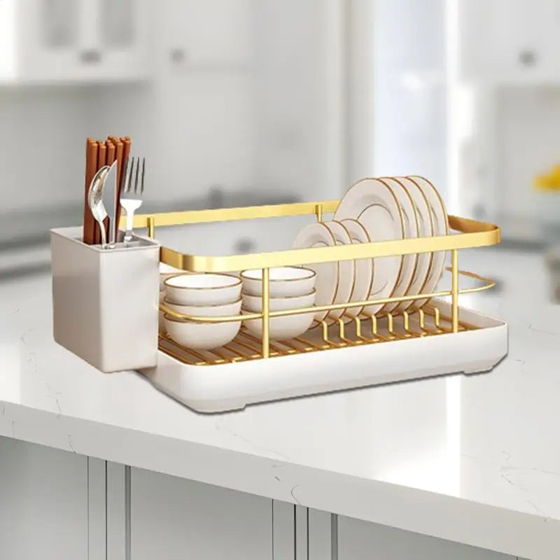 Kitchen Dish Organizer with Utensil Holder Drip Tray (Black)