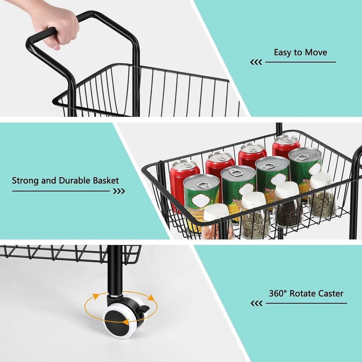 Metal 3-Tier Rolling Kitchen Cart (Black)