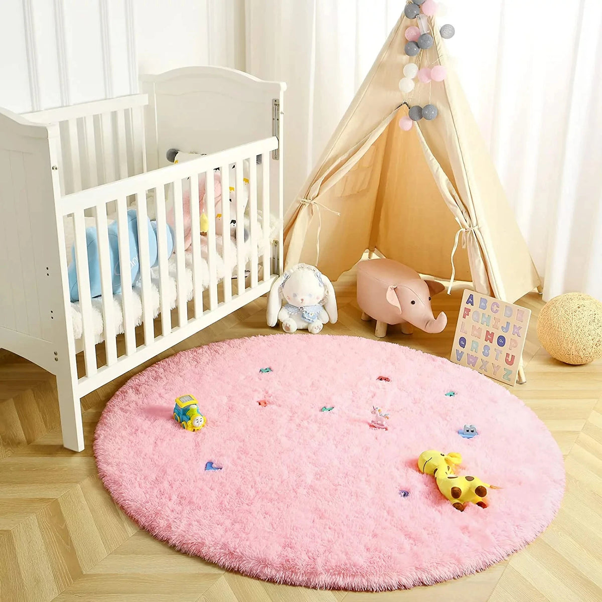 Round Fluffy Area Rug Thick Plush for Living Room Bedroom (Pink)