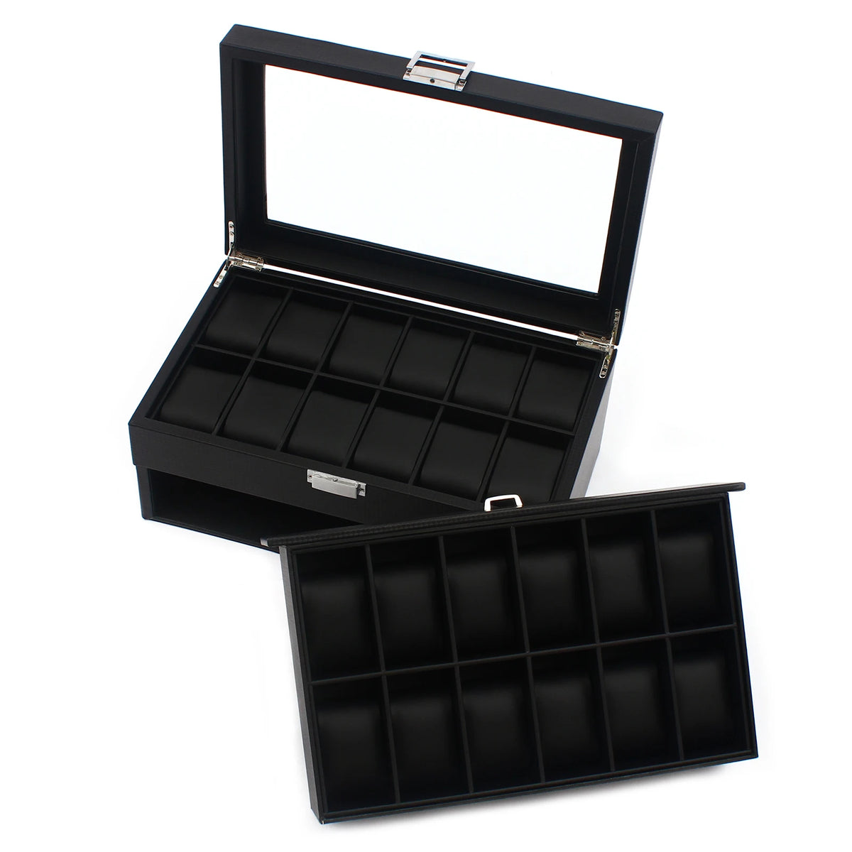 Lockable Luxury Watch Jewelry Chest 24 Slot Watch Box Organizer for Men (Black)