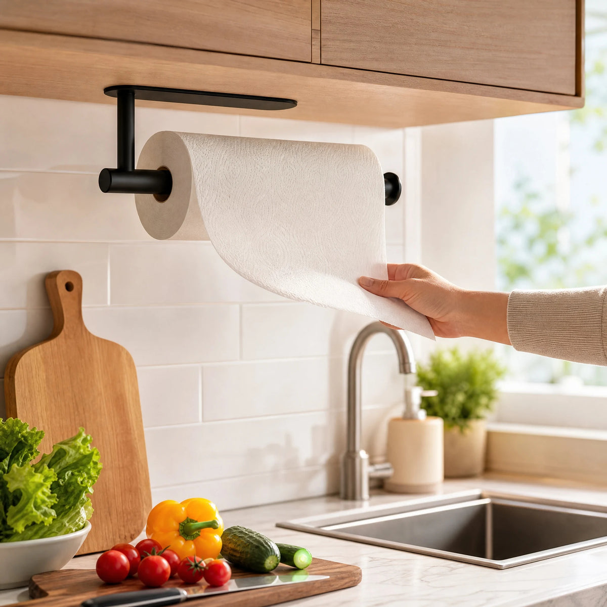 Paper Towel Holder, Strong Adhesive Wall Mount &amp; Countertop Kitchen Organizer, Adjustable Paper Towel Rack, Rust-Resistant Space-Saving Storage (Black)