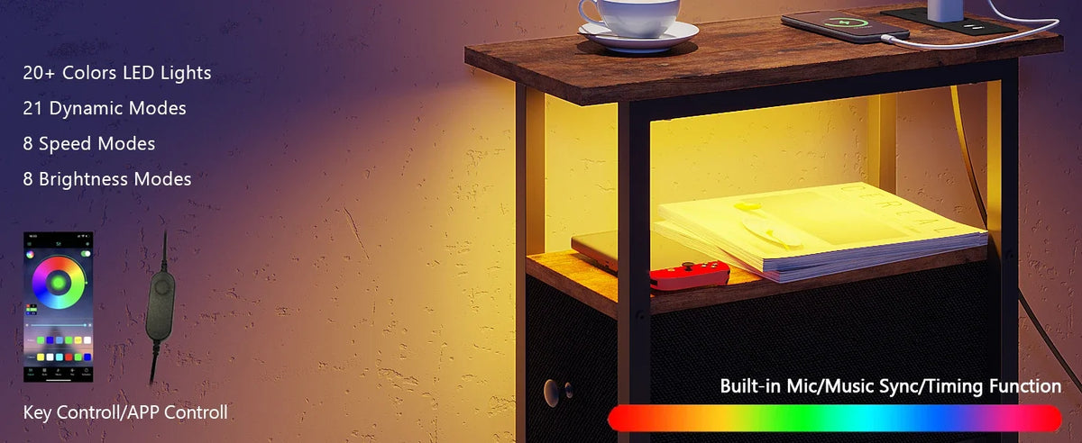 Slim Bedside Table with 2 Fabric Drawers for Living Room Side Coffee Table