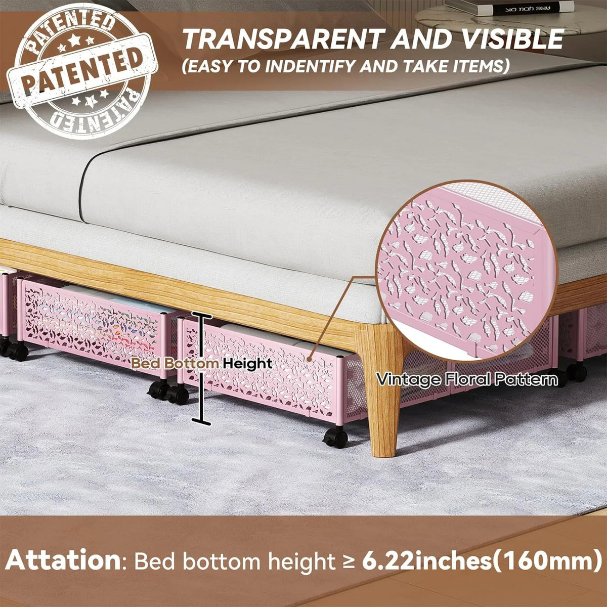 Rolling Under Bed Storage Organizer 2-Pack (Pink)