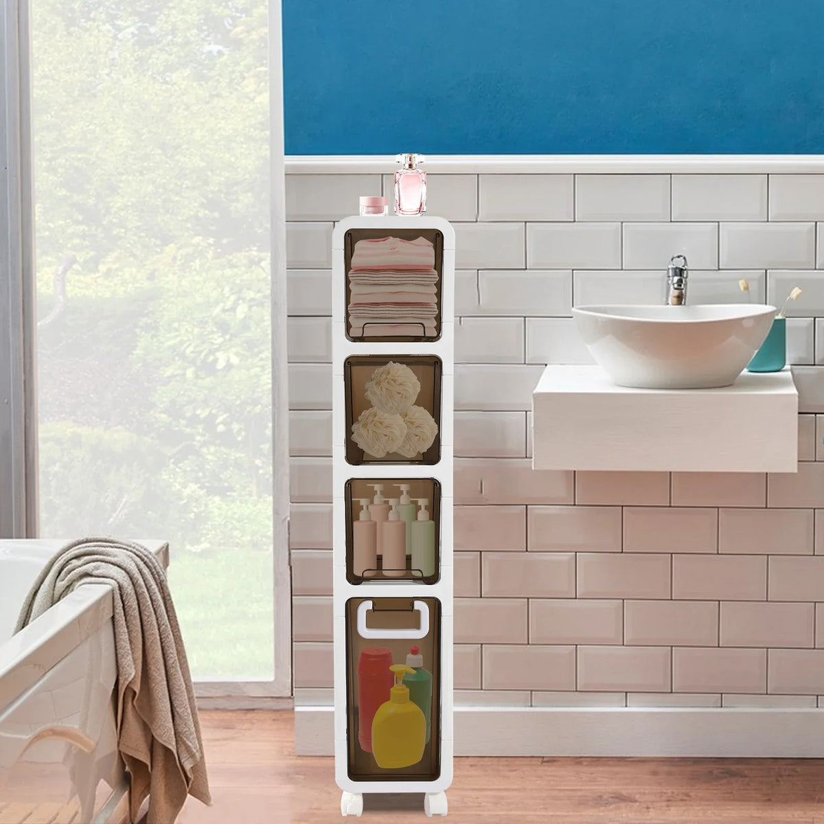 Slim Bathroom Storage Cabinet Narrow Toilet Paper Organizer &amp; Space Saver