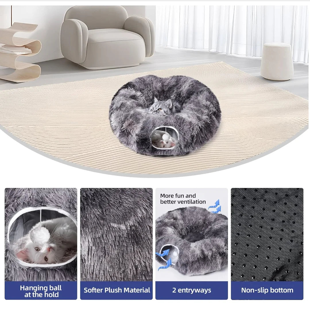 Plush Cat Tunnel Bed The Ultimate 3-in-1 Cat Accessory (Gray)