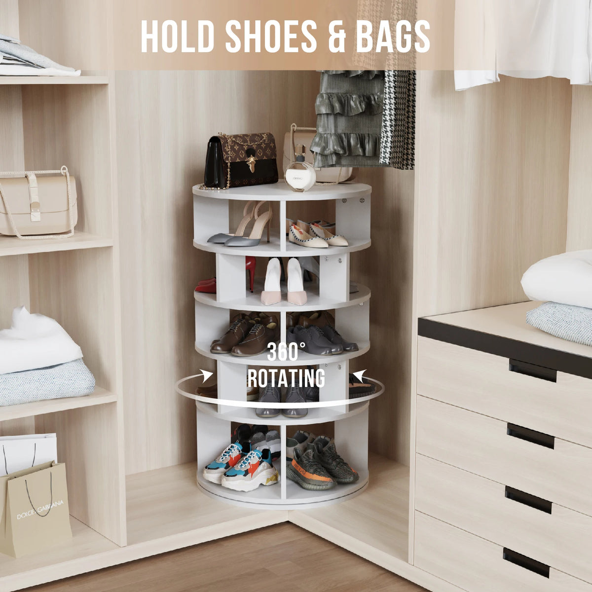 Rotating Shoe Tower 5 Tier Holds 24 Pairs for Closet Entryway (White)