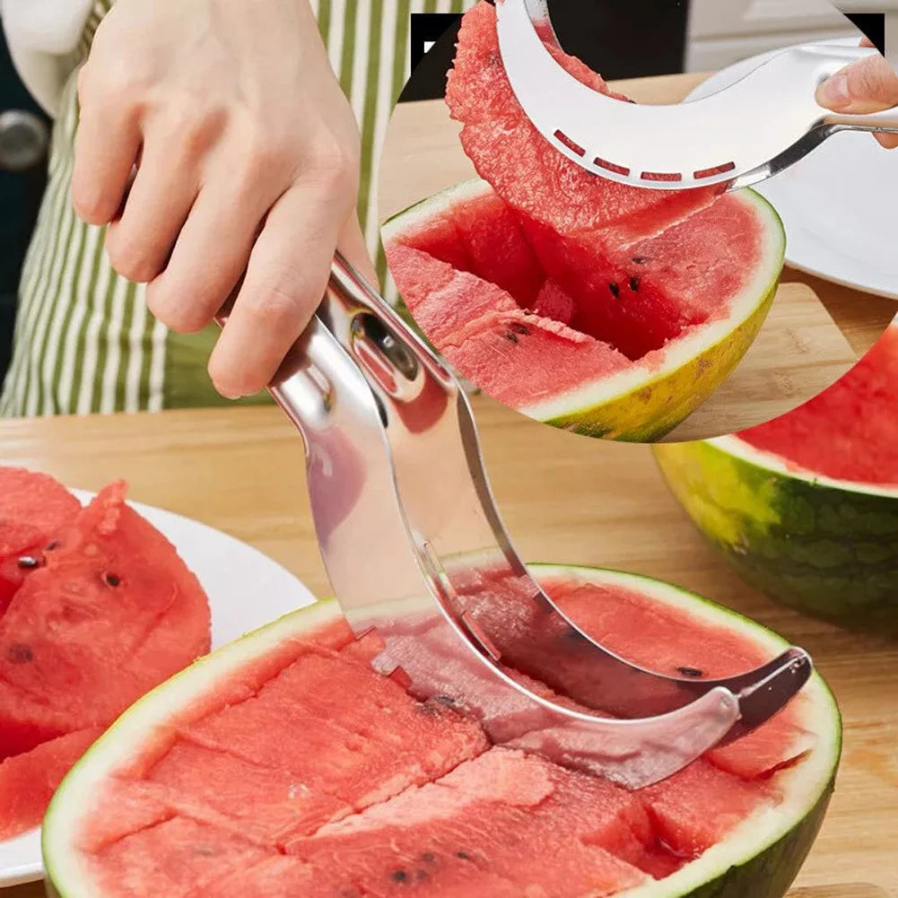 Watermelon Cutter Stainless Steel Artifact Slicer Non-Slip Handle Kitchen Fruit Tool (Green)