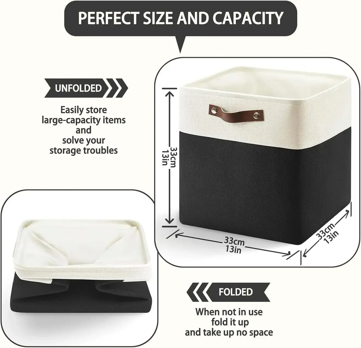Foldable Cube Storage Bins with PU Handles for Home Organization (Dark Gray)