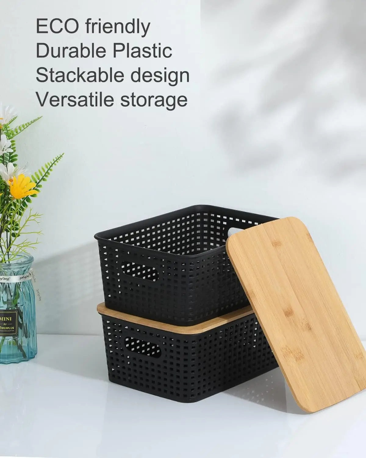 Plastic Storage Bins with Bamboo Lids 6PCS for Kitchen Room Bedroom Organizer