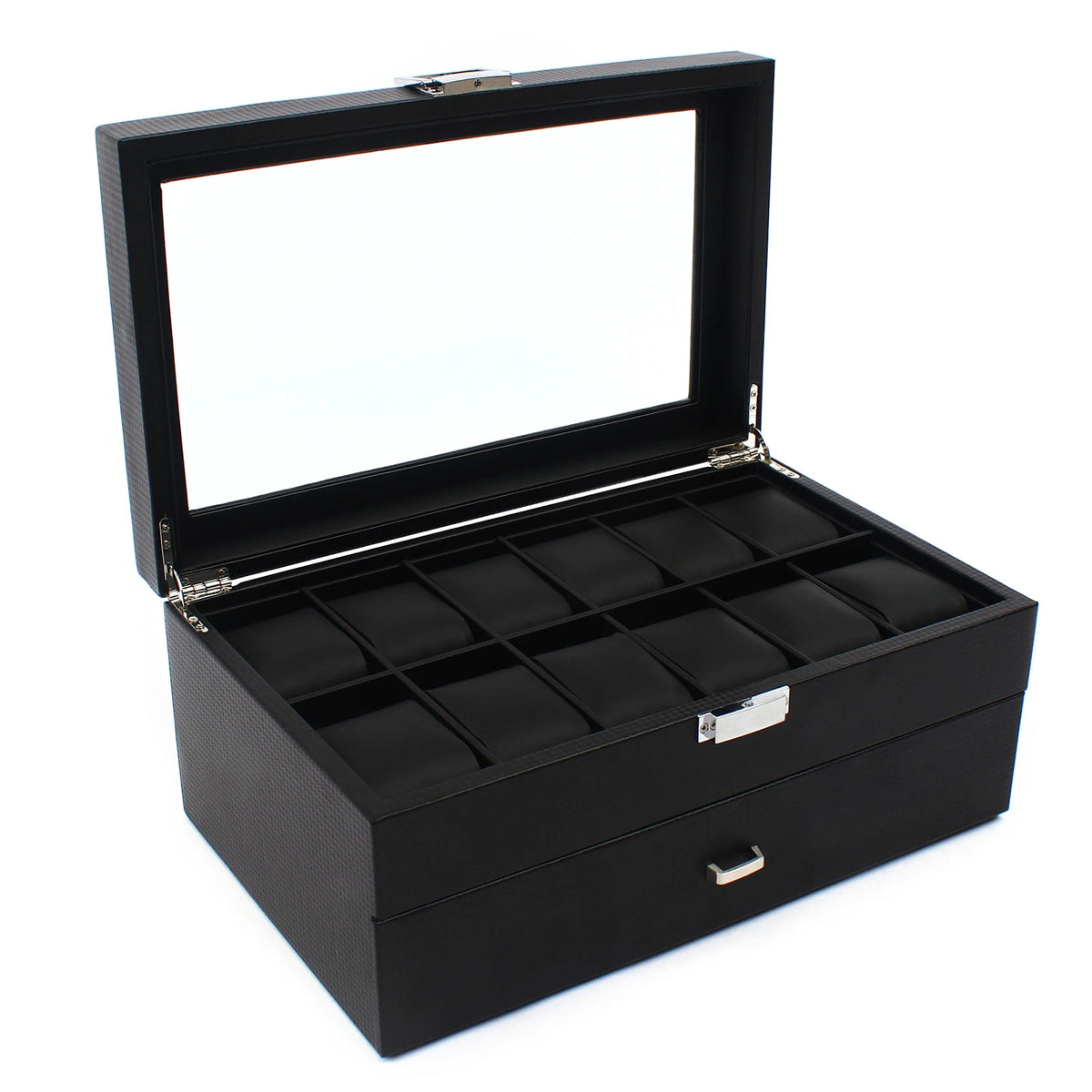 24-Slot Carbon Fiber Watch Box 2-Tier  (Black)