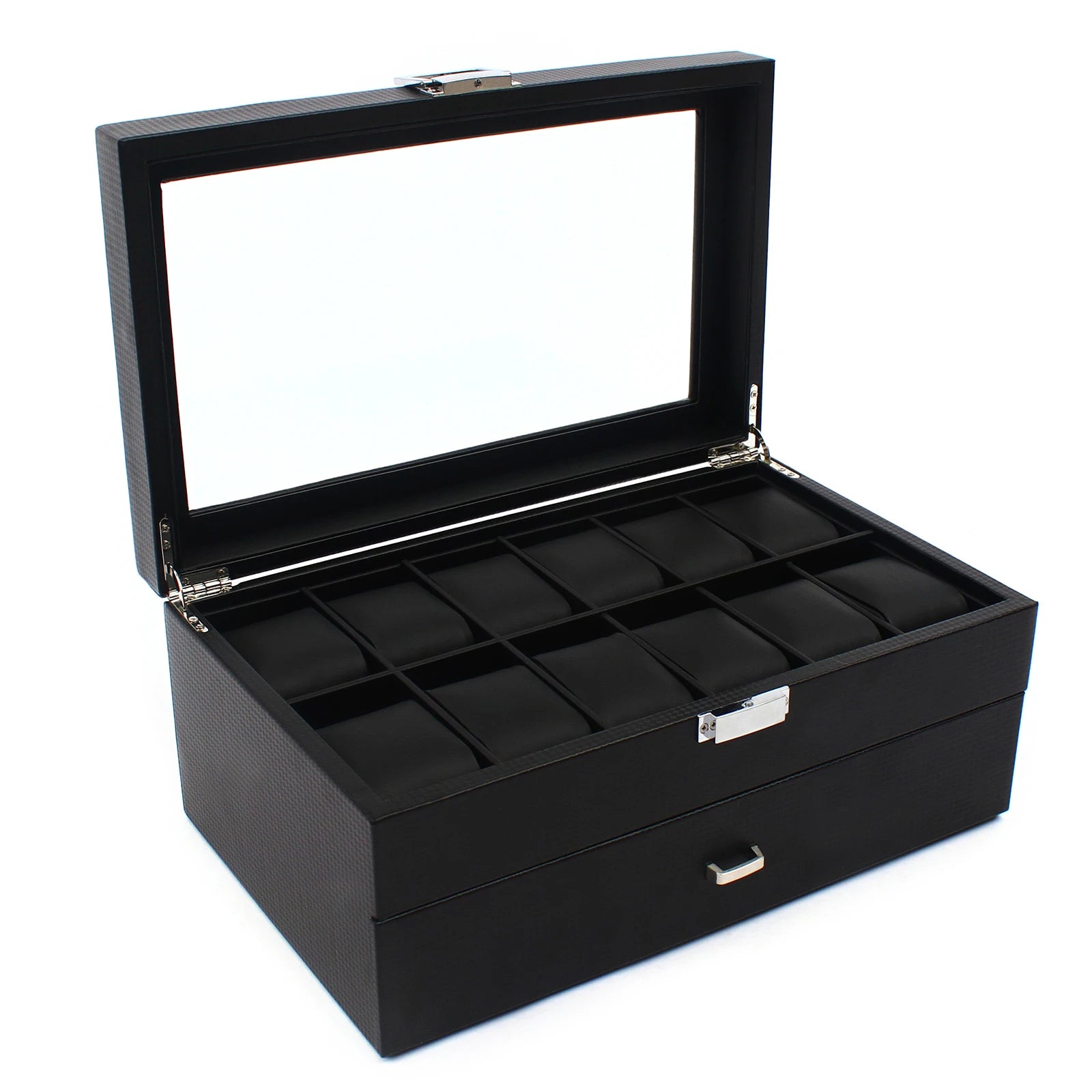 24-Slot Carbon Fiber Watch Box 2-Tier  (Black)