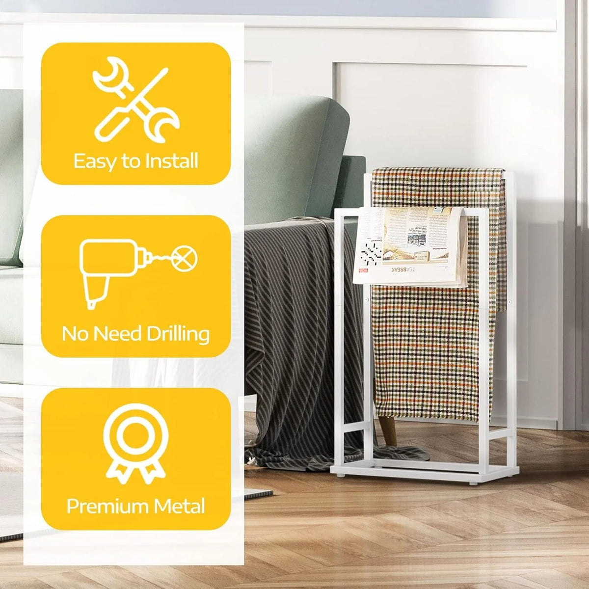 -Tier Metal Stand with 5 Bars for Bathroom Bedroom Towels &amp; Robes (White)