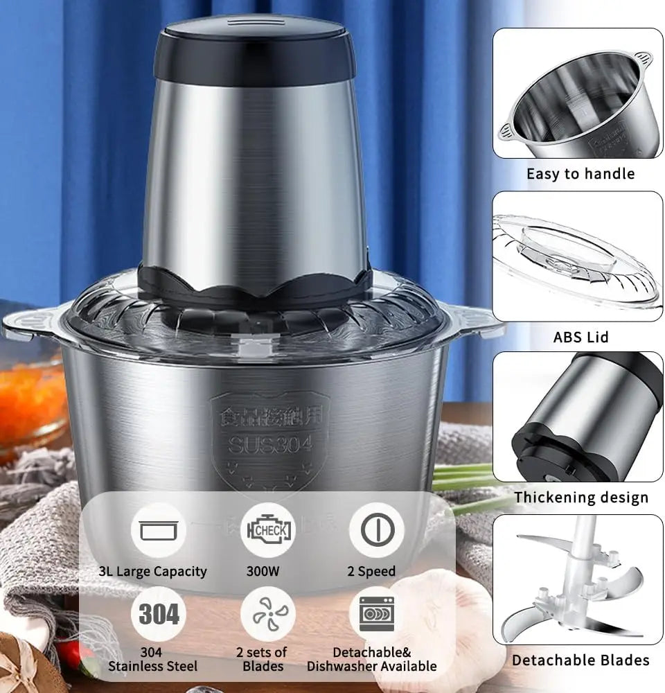 304 Stainless Steel Electric Meat Grinder with 4 Blades – High-Power Food Processor