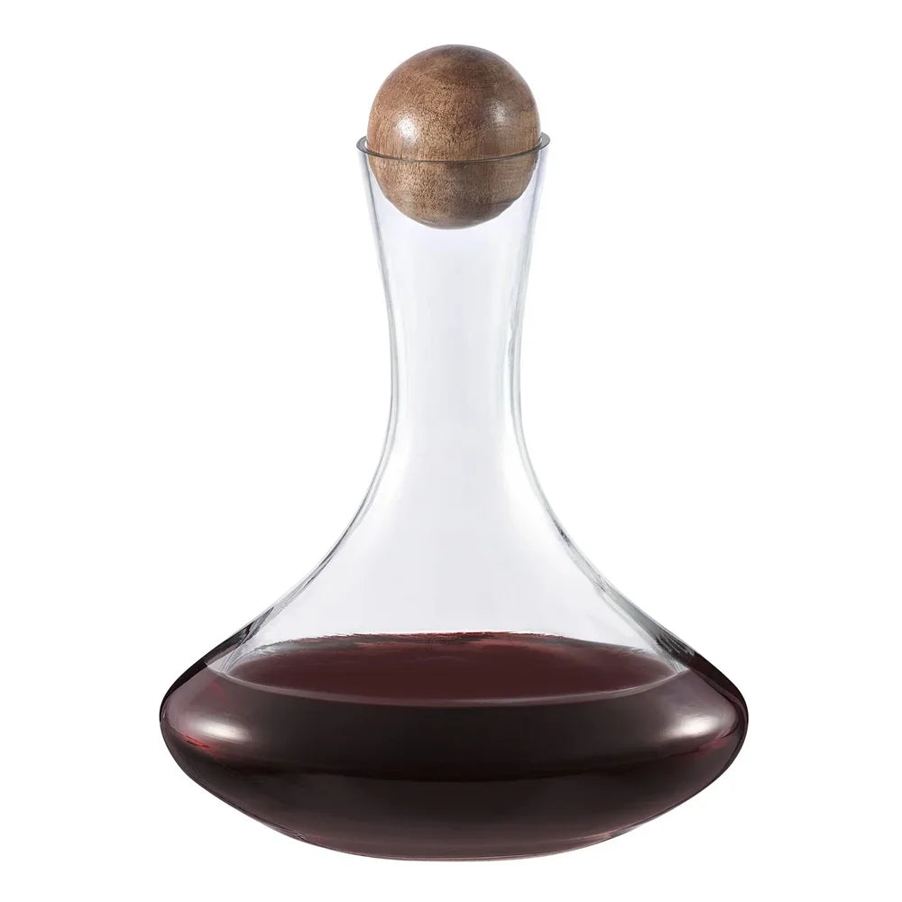 Elegant Glass Wine Decanter with Wooden Sphere Stopper