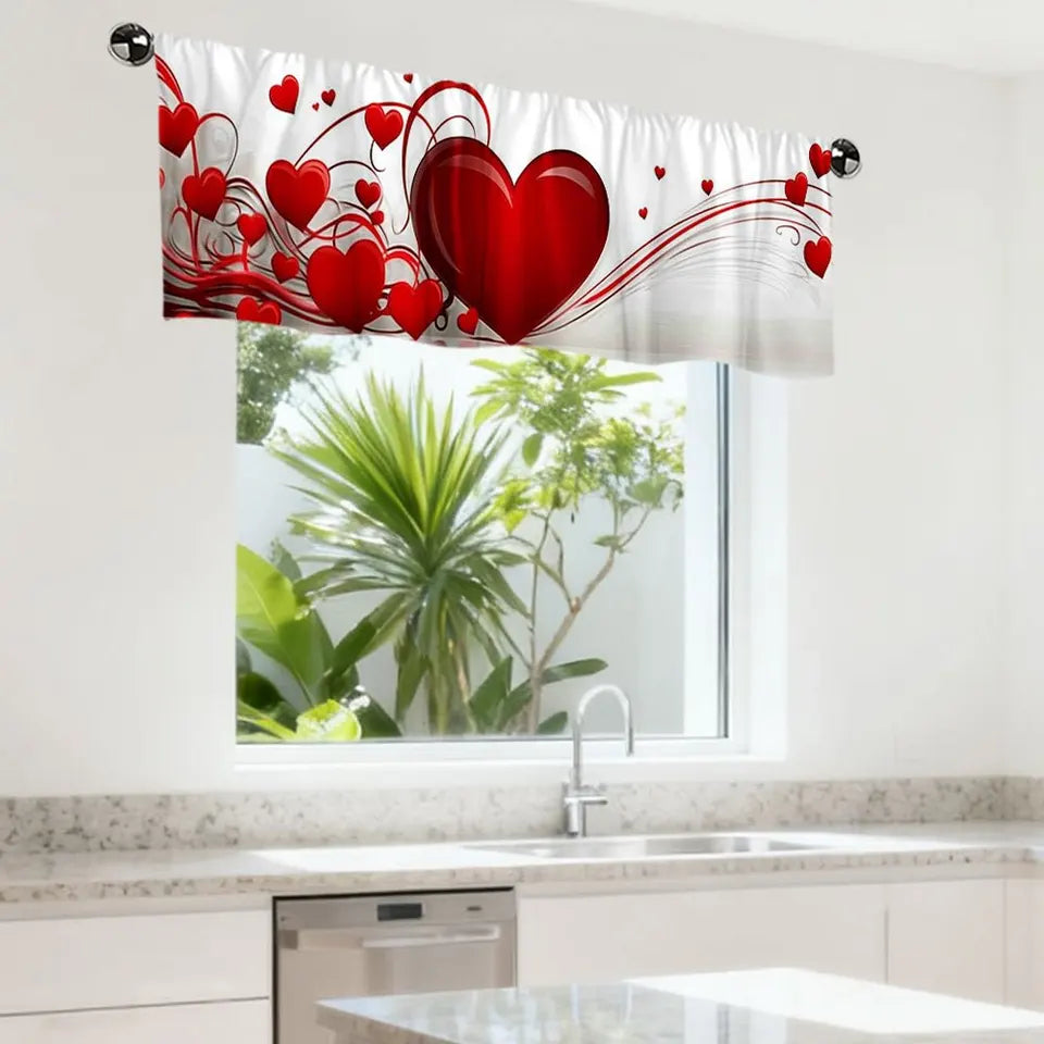 Abstract Red Heart Window Valance – Flat Artistic Design Curtain Topper