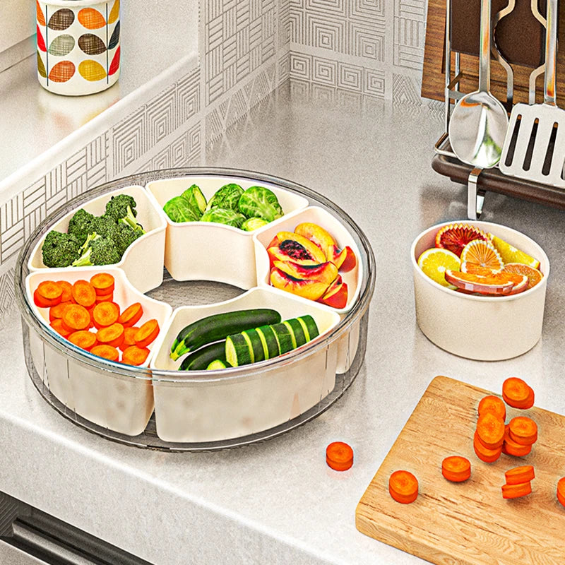 Rotating Fruit Tray with Lid &amp; Handle 6-Grid Clear Divided Snack Box