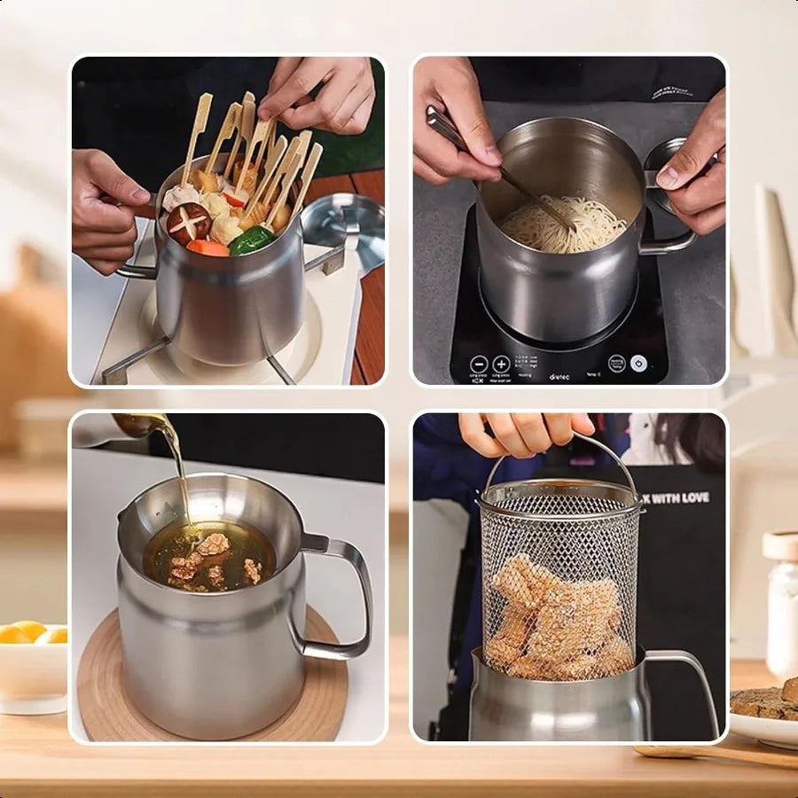 Frying Oil Pan with Basket Strainer and Bacon Grease Container for Kitchen Camp