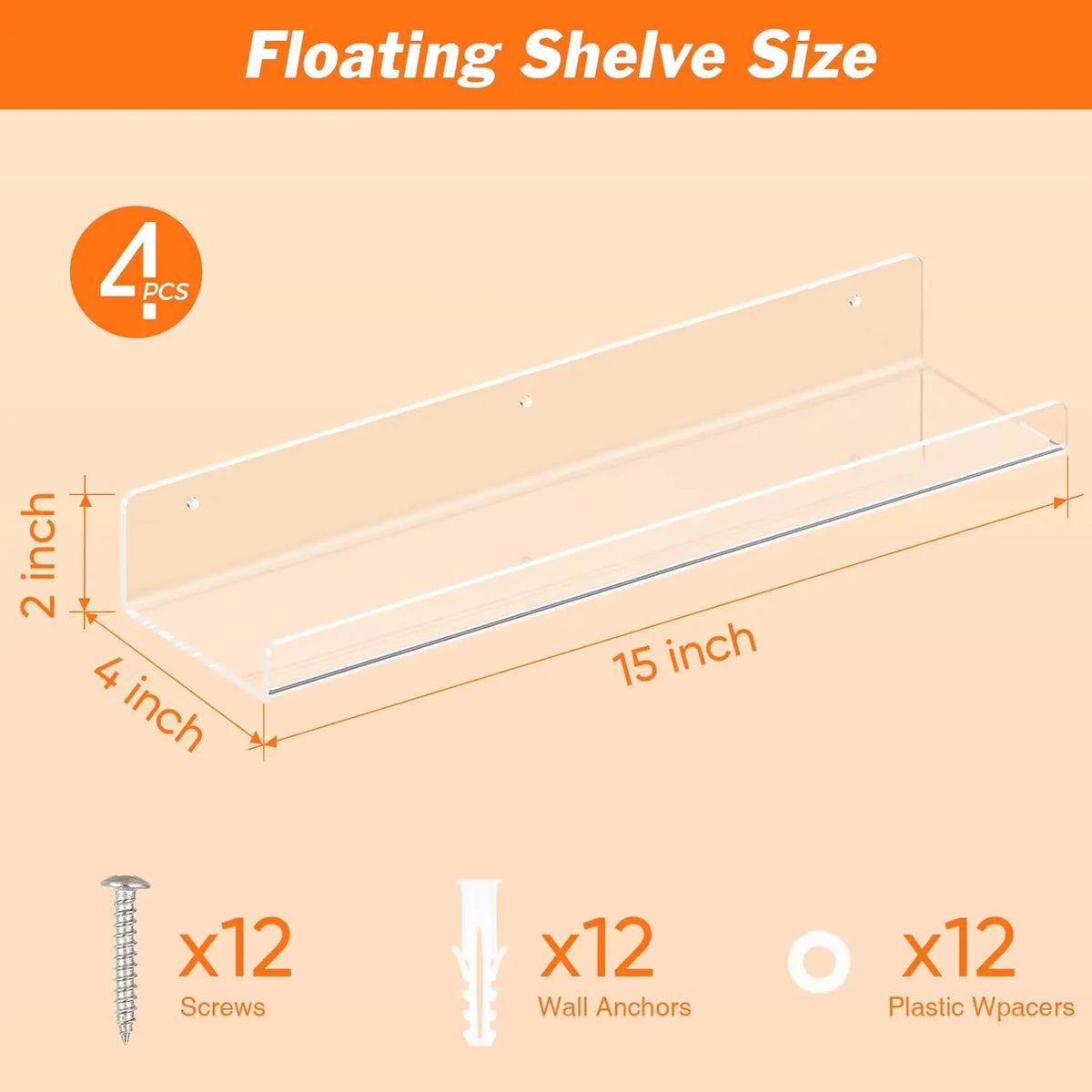 4 Pack Clear Floating Wall Shelves – 15 Inch Acrylic Display Organizer Ledges