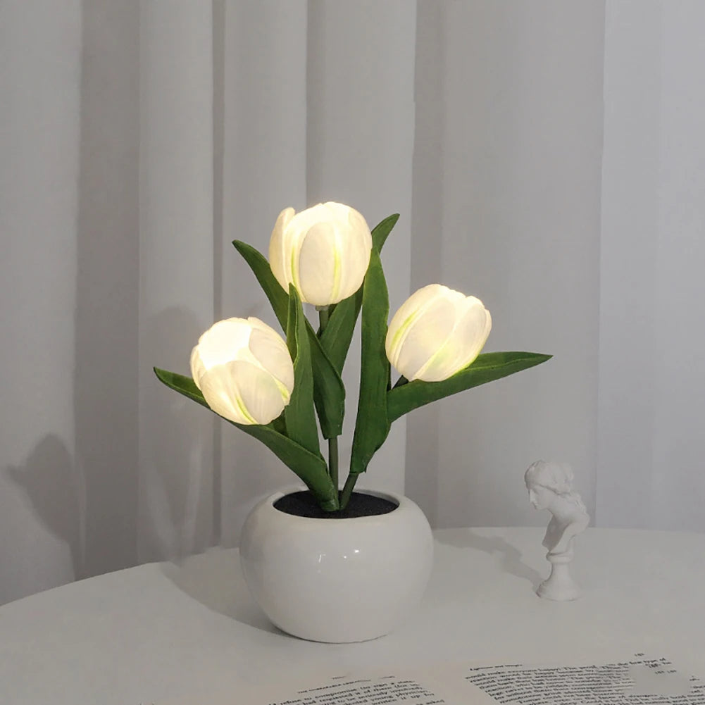 LED Tulip Night Light Realistic Artificial Flower Table Lamp for Home Decor (White)