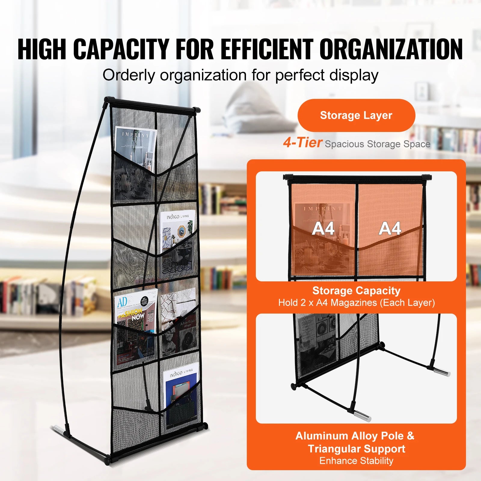 Floor Standing Brochure Holder 4-Tier 8-Pocket Magazine Holder