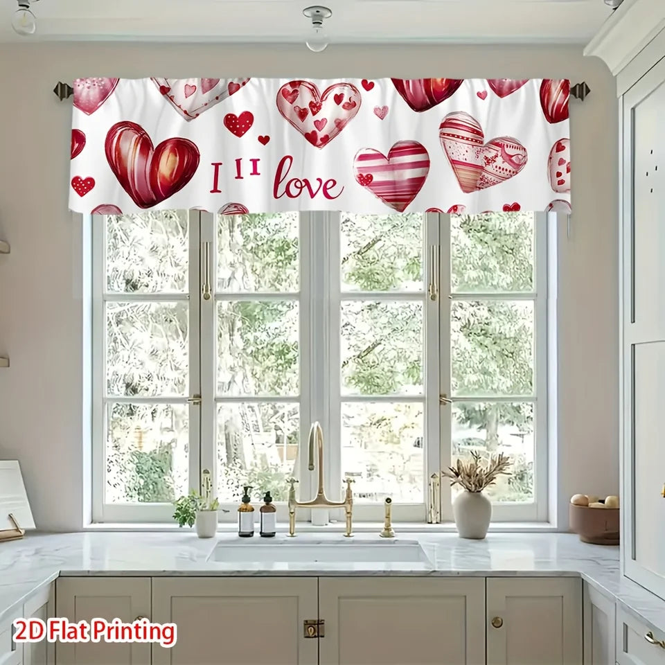 Romantic Red Heart Window Valance – Festive Heart Patterned Short Curtain