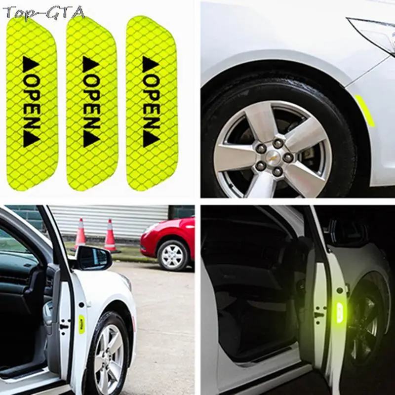 4PCS Safety Stickers Warning Signs Car Door Handle Reflective Light Reflector (Green)