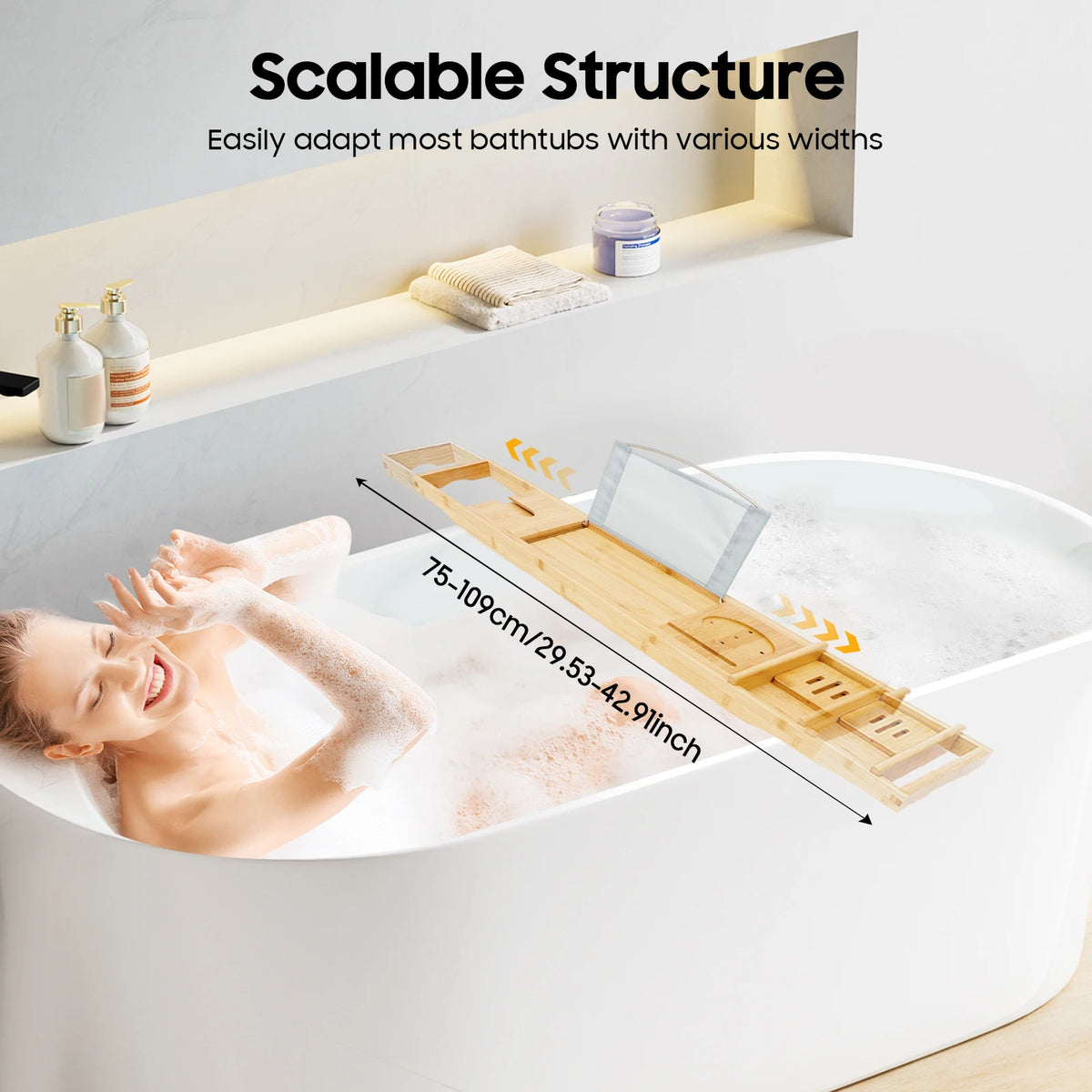 Expandable Bath Tray with Red Wine Cup Slot and Media Holder