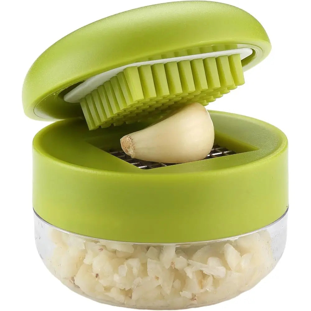 2-Piece Garlic Press and Mincer Set with Stainless Steel Blades, Storage Container & Mini Cleaning Brushes – Kitchen Tool for Home and Camping