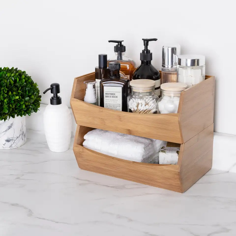 Bamboo Wood Storage Bins 2 Pack Stackable Organizer Boxes