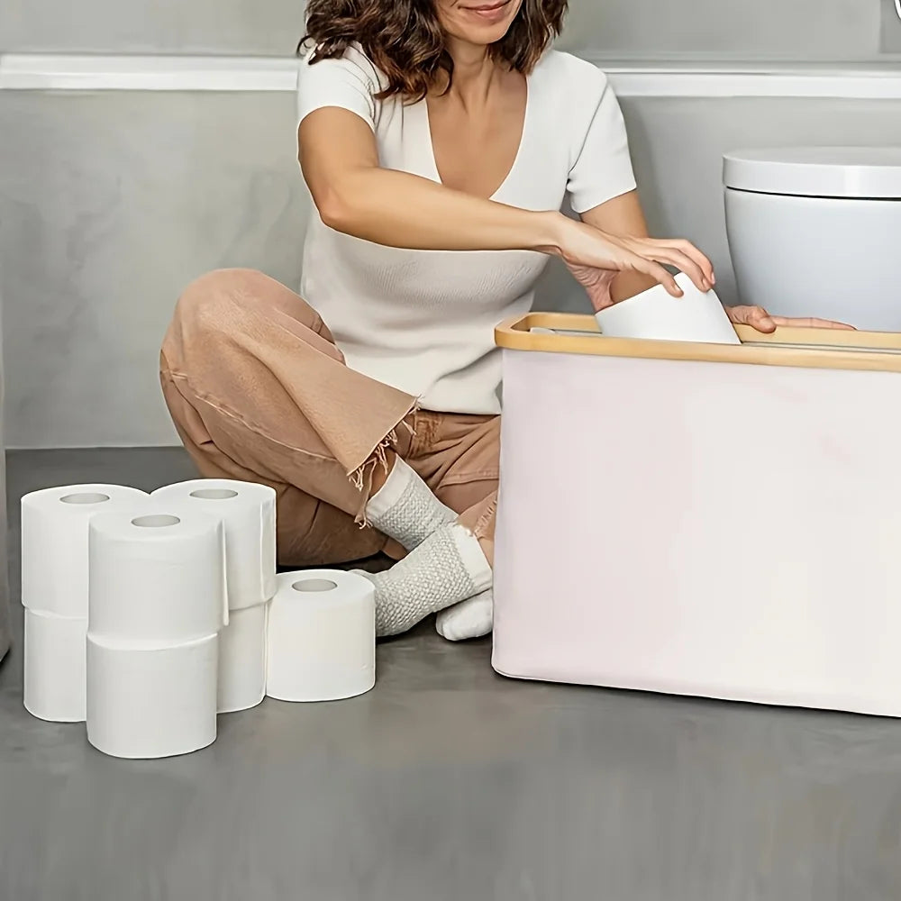 Modern Fabric Like Bathroom Cabinet 9-Roll Capacity Tissue Storage Bin with Bamboo Lid (Gray)