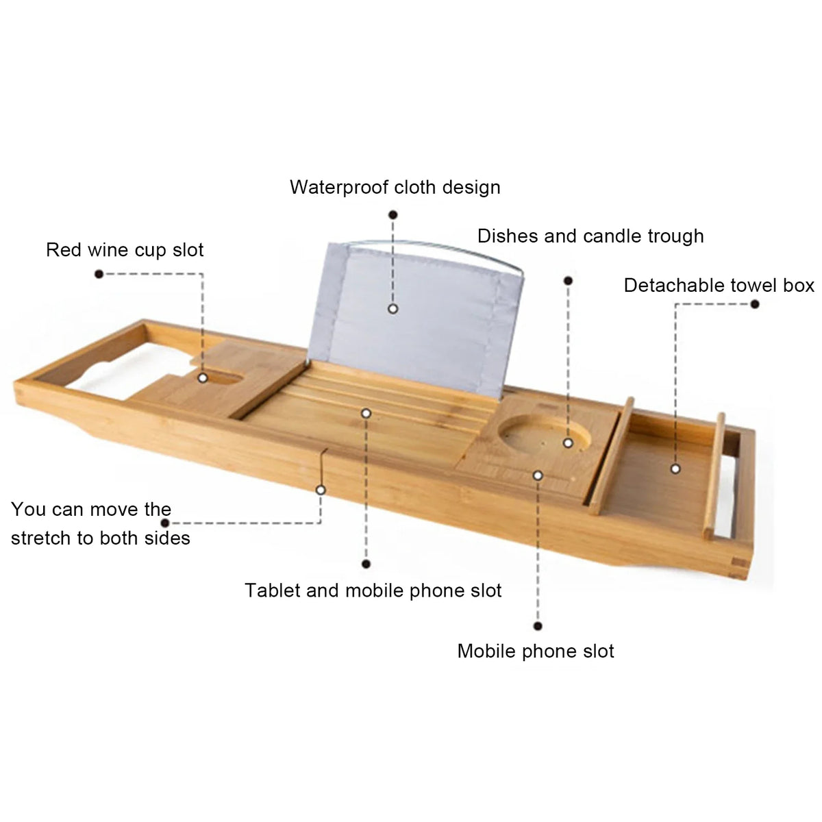 Adjustable Bamboo Bathtub Shelf Bath Board Organizer with Tablet Holder and Wine Glass Slot