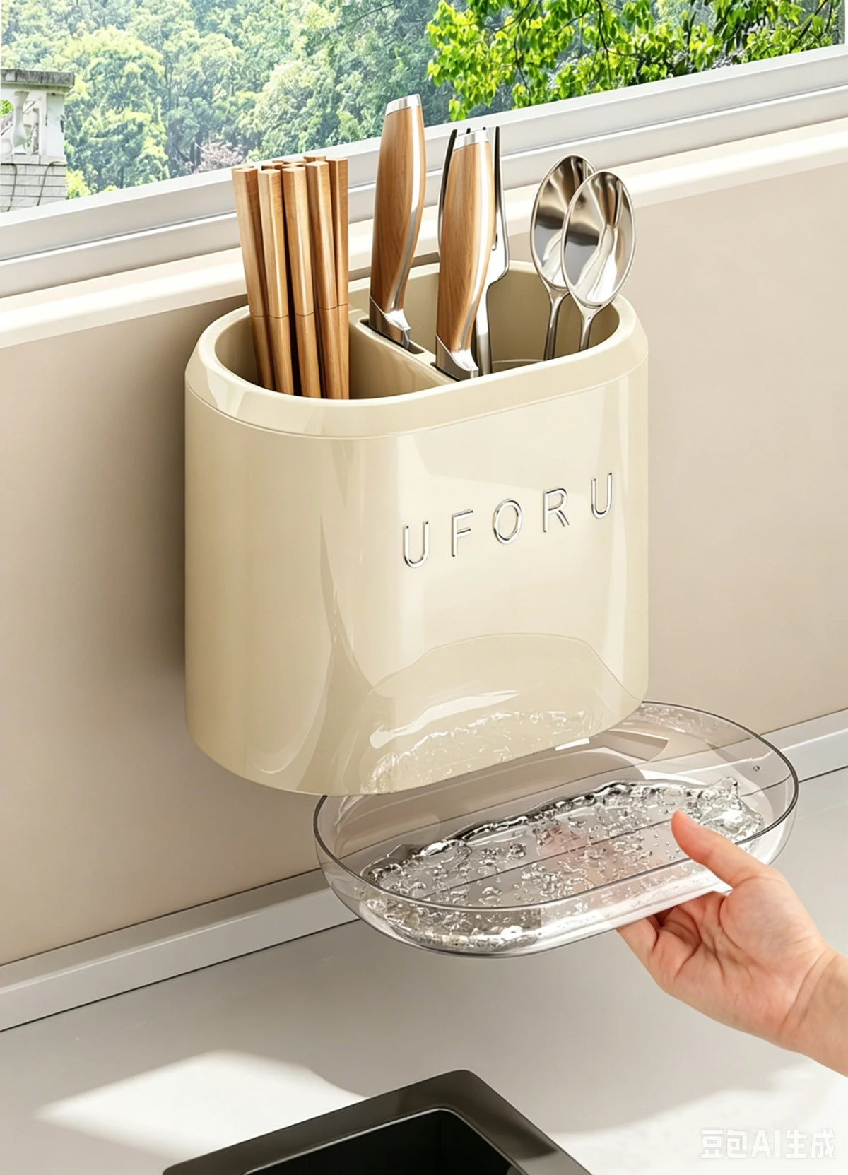 No-Drill Wall-Mounted Utensil Holder, Kitchen Cutlery Organizer for Spoons, Forks &amp; Chopsticks, Removable Drain Tray, Dual-Use Countertop &amp; Wall Hanging Drying Rack