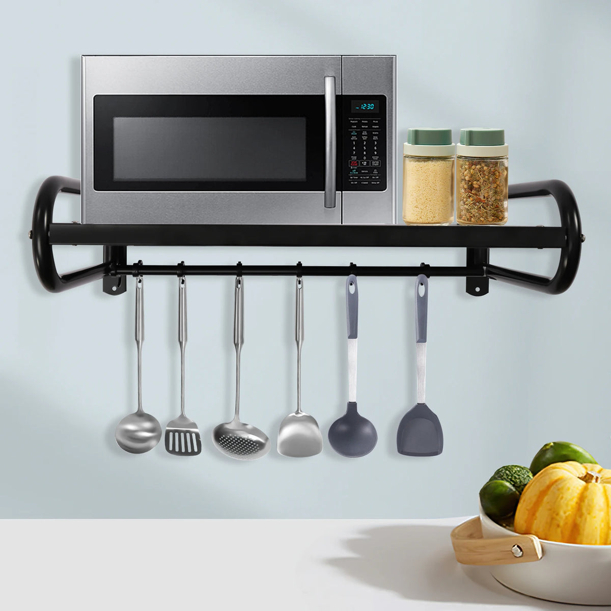 Wall Mount Microwave Oven Shelf Kitchen Storage Rack with 6 Hooks (Black)