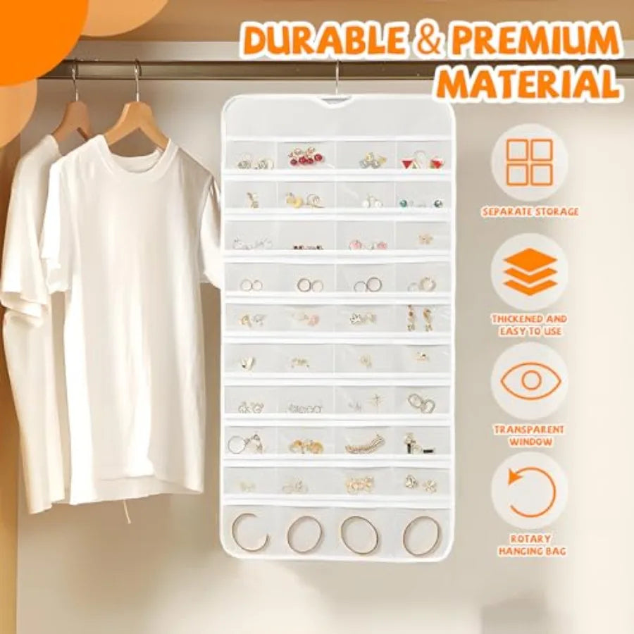 Hanging Jewelry Organizer, Double-Sided White Closet Jewelry Holder with Space-Saving Storage for Earrings, Rings, Bracelets &amp; Necklaces (White)