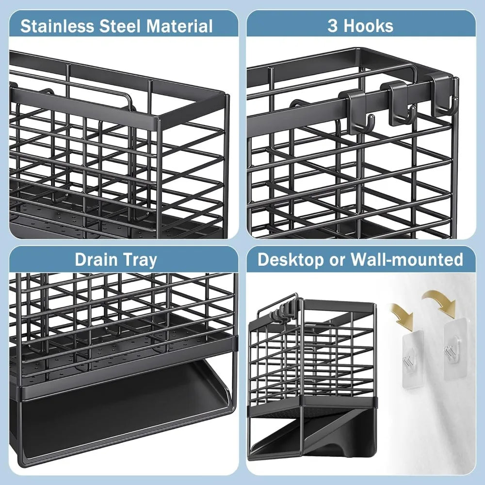 Stainless Steel Utensil Holder with Drain Tray for Kitchen Countertop (Black)