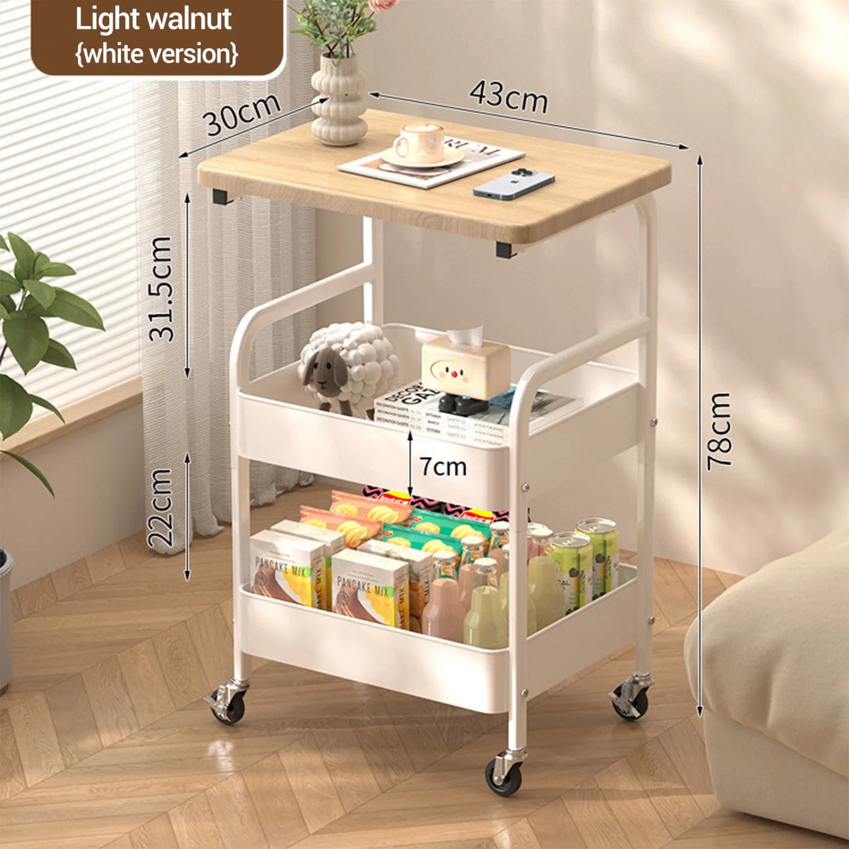 3-Tier Rolling Cart Wood Tabletop Utility Organizer (White)