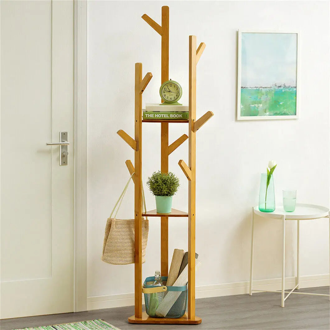 Bamboo Corner Coat Rack Stand with Hooks Shelves