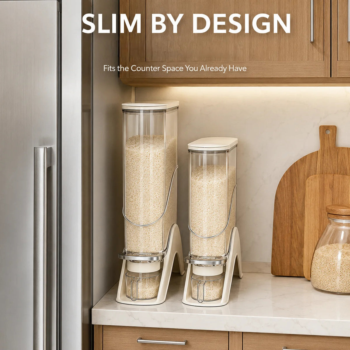 Slim Rice Storage Container 12LBS Vertical One-Touch Automatic Food Dispenser with Measuring Cup, Airtight Dry Food Storage Bin for Rice, Beans &amp; Grains, Space-Saving Kitchen Organizer