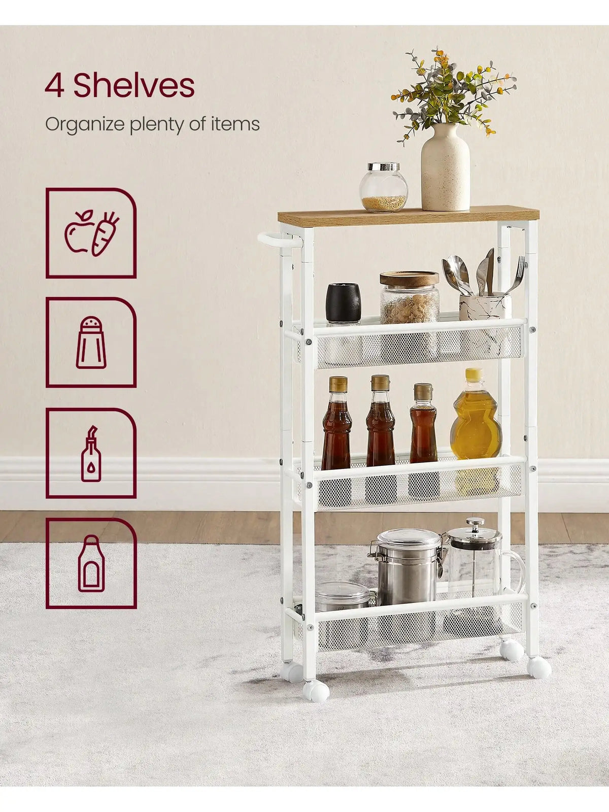 Rolling Utility Slim Cart 4-Tier for Kitchens &amp; Dining Rooms (Oak Beige)