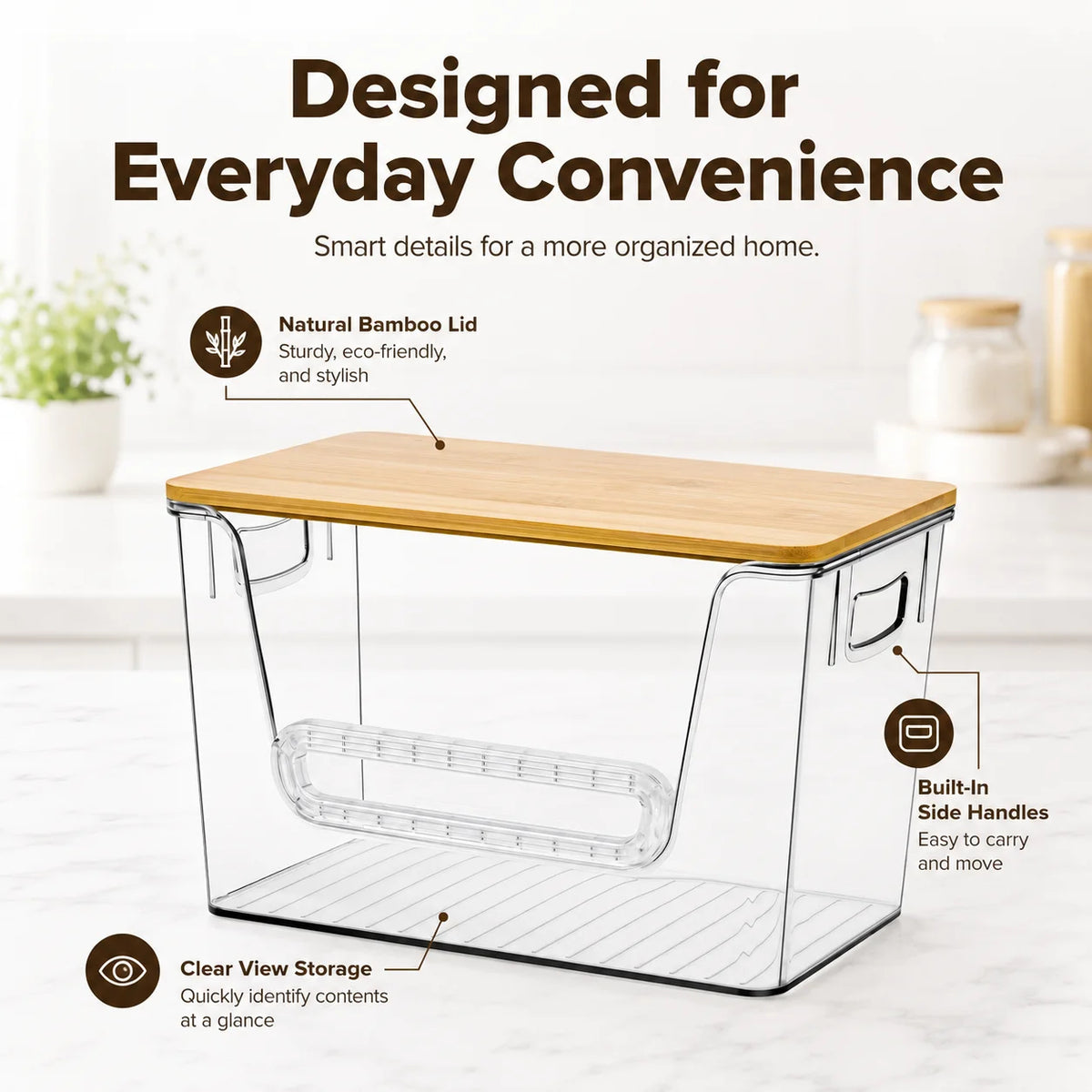 Bamboo Lid Refrigerator Storage Organizer, Transparent Stackable Fridge Storage Bin with Pull Handle, Food &amp; Beverage Organizer for Juice, Dairy, Produce, Pantry &amp; Kitchen Countertop