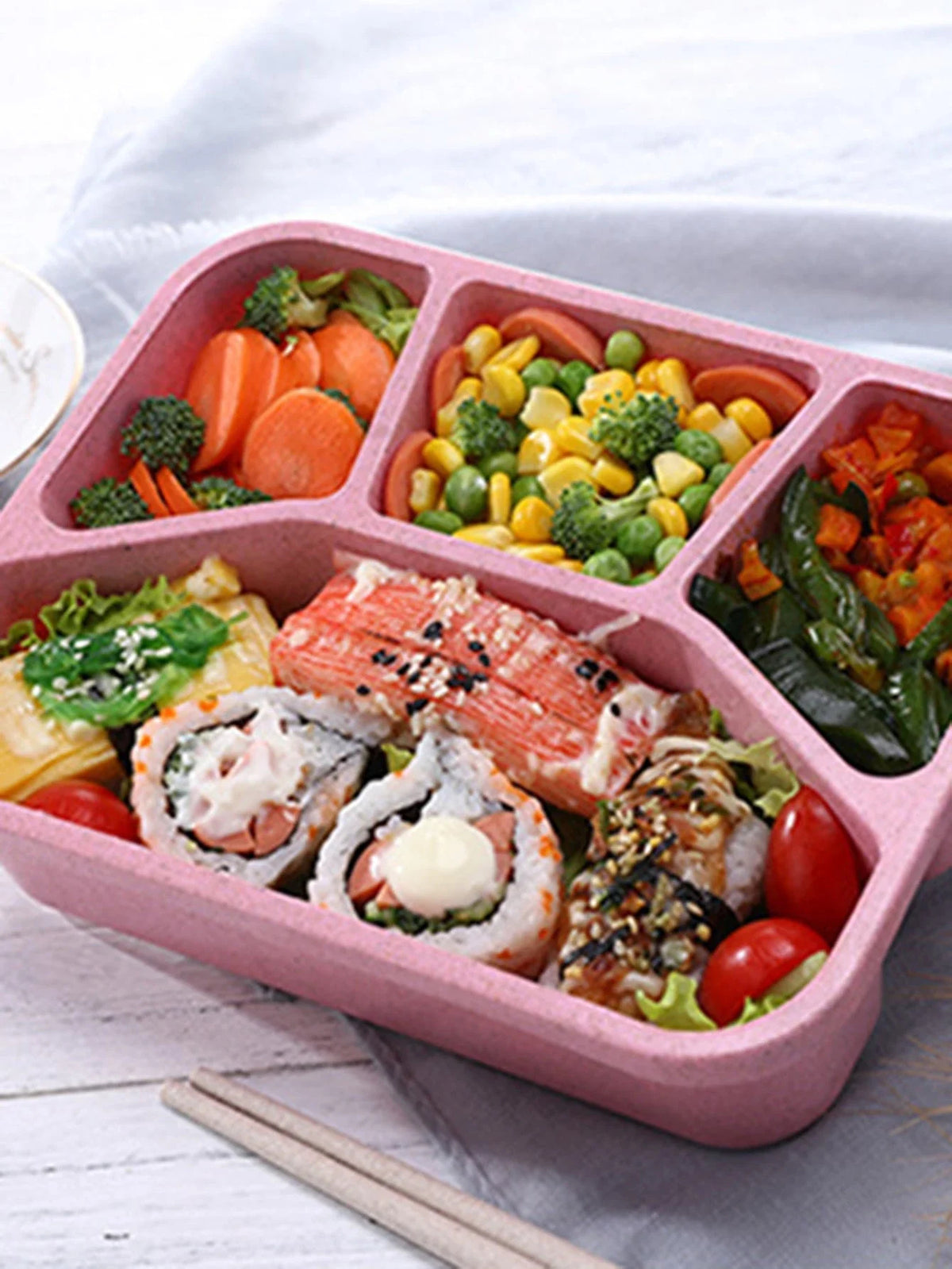Microwaveable 4-Compartment Bento Box – Japanese Style Square Lunch Container Made from Wheat Straw for Office &amp; School (Blue)