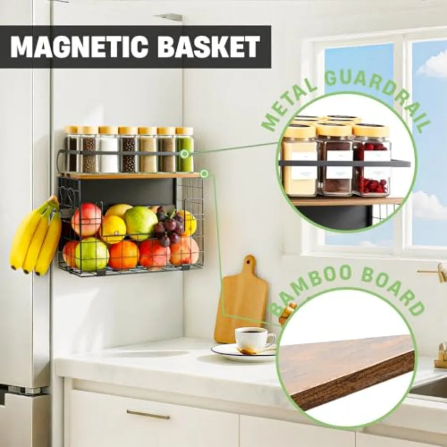 Magnetic Fridge Shelf with Wood Lid Storage Basket Bin