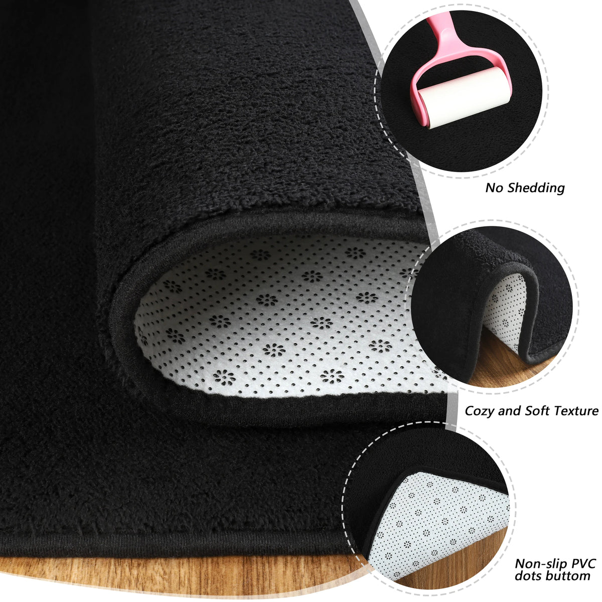 Plush Rug Nonslip Area Carpet Soft for Bedside Room Mat (Black)