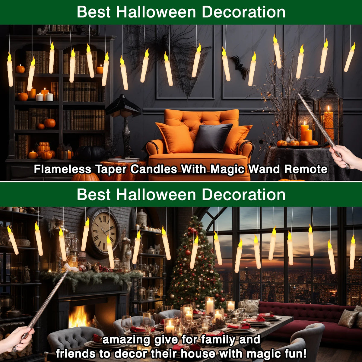 Halloween Floating LED Candles with Magic Wand – Flickering Flameless Taper Lights for Party &amp; Home Decor