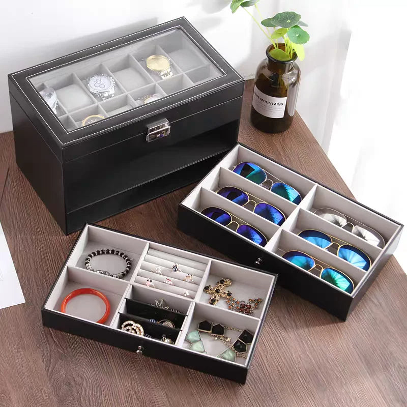 Watch Box Sunglass Organizer 3-Layer Black Leather with Jewelry Drawer