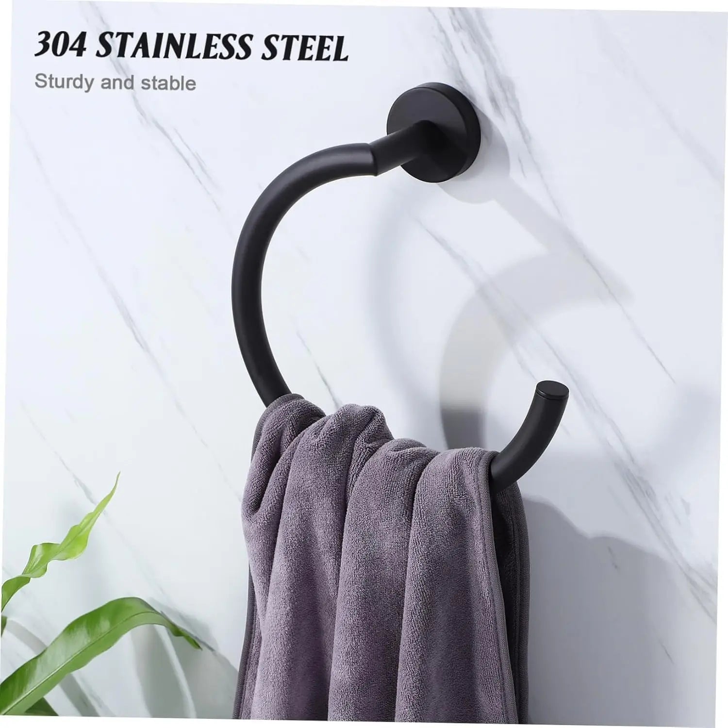 Modern Open Towel Ring Wall Mounted Stainless Steel Hand Towel Holder (Black)