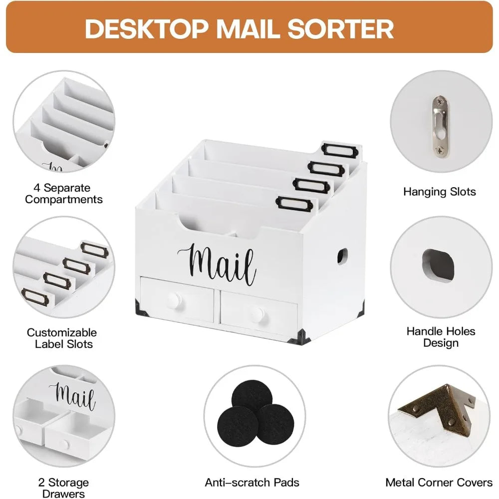 Wood Desktop Mail Organizer with 2 Drawers – 4 Compartment Desk Accessory Sorter for Home Office (White)