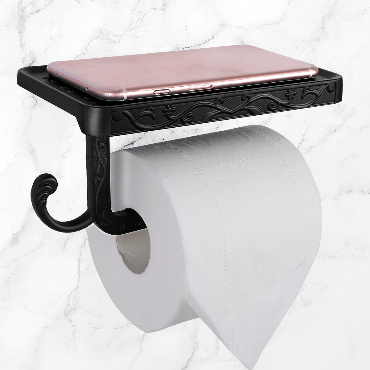 Aluminum Alloy Toilet Paper Holder with Shelf Wall Mount Tissue Roll Storage for Bathroom (Black)