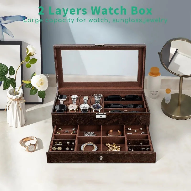 Watch Organizer Box 2-Tier with Clear Glass Top Jewelry Storage